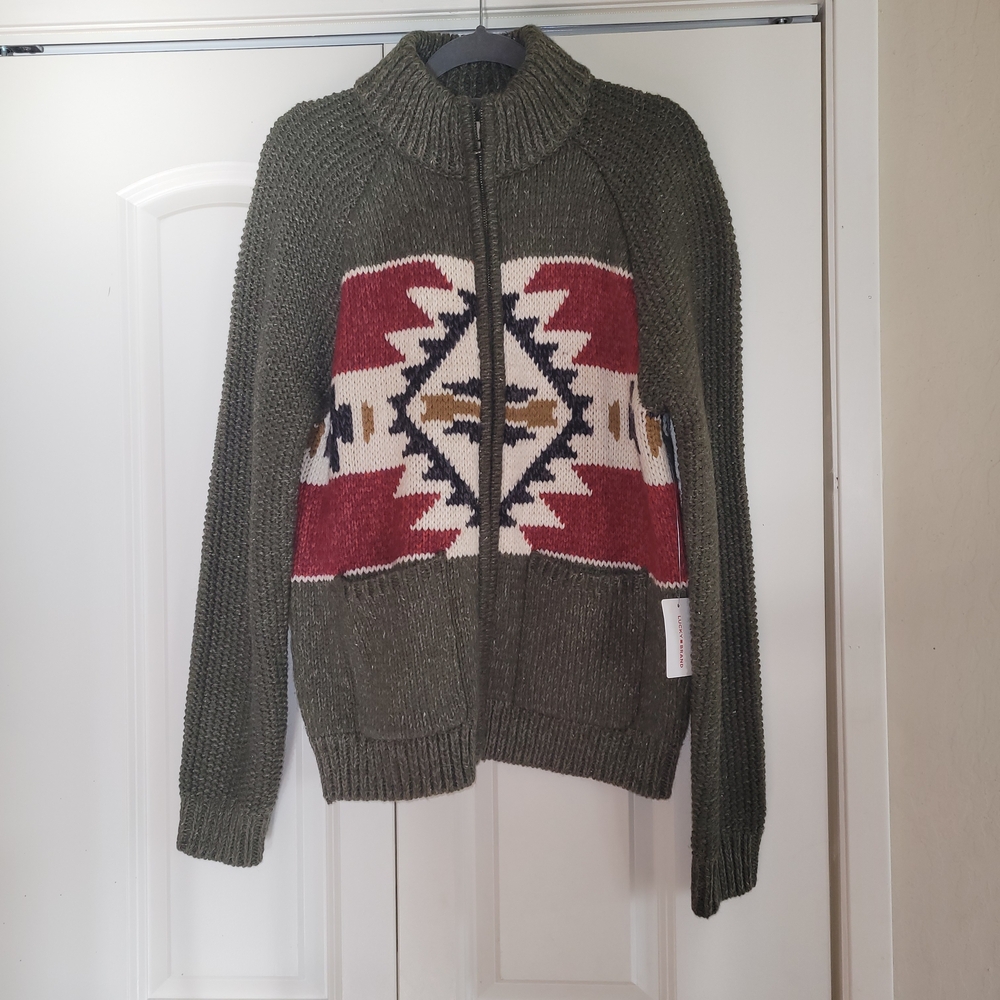 NWT Lucky Brand Olive Green Patterned Sweater